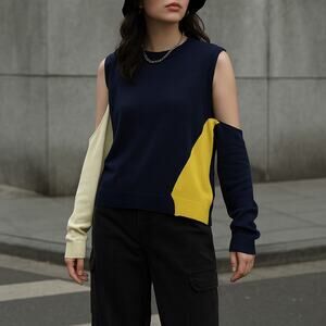 Wool Blend Cutout Color Block Deconstructed Sweater Blue and Yellow Small